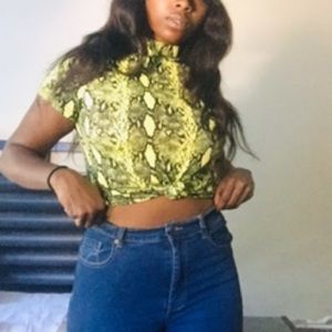 Neon yellow snakeskin mock neck shirt